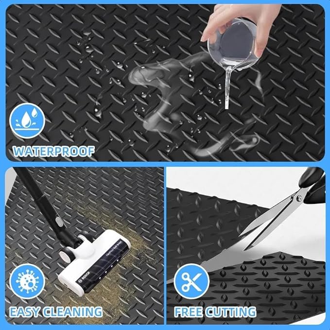 3mm Diamond-Plate Rubber Flooring Roll - Easy to Cut Waterproof Anti-Slip Mat, Heavy Duty Floor Protection for Garage, Gym, Stable, Basement, Kennel, 4' x 14'