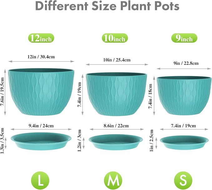 Meowell Large Plant Pots 12/10/9 inch, 3 Pack Big Flower Pots for Outdoor Indoor Plants with Water Ripples, Wide Plastic Planters with Drainage Holes and Saucers for Garden Home Decor, Blue Green
