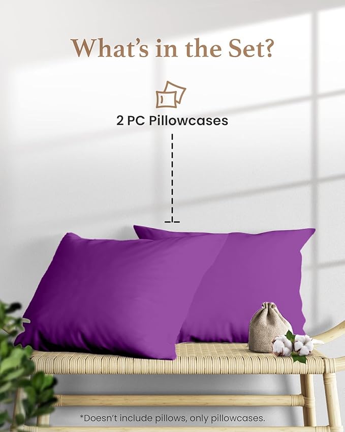 1000 TC Purple King Pillowcases Set of 2 100% Egyptian Cotton Pillow Cases with Long Staple Cotton & Sateen Weave, Silky Soft Hotel - Like Bed Pillow Covers for Comfy Sleeping, Snug Fit