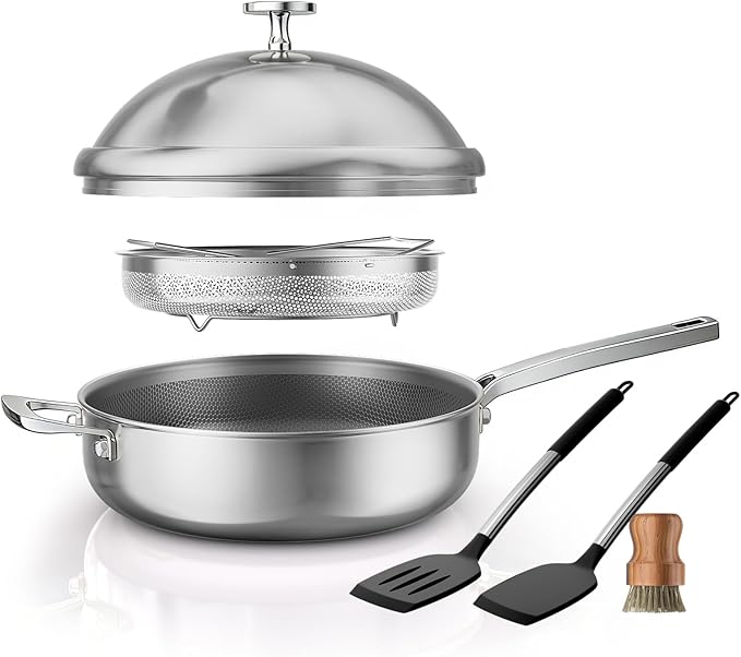 FogDream Titanium Non Stick Frying Pan, 10in Tri-Ply Stainless Steel Deep Saute Pan, All-in-One Cookware Set with Stainless Lid, Stay Cool Handle, Dishwasher & Oven-Safe,Induction Compatible,Silver