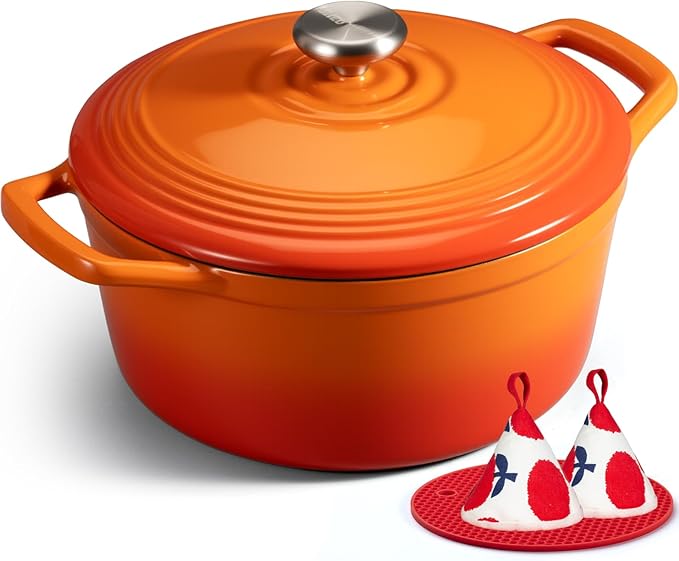 Overmont Enameled Cast Iron Dutch Oven - 5.5QT Pot with Wide Handles Lid Cookbook & Cotton Potholders - Heavy-Duty Pre-Seasoned Cookware Oven Safe to 500°F for Braising, Stews, Roasting, Sourdough Baking