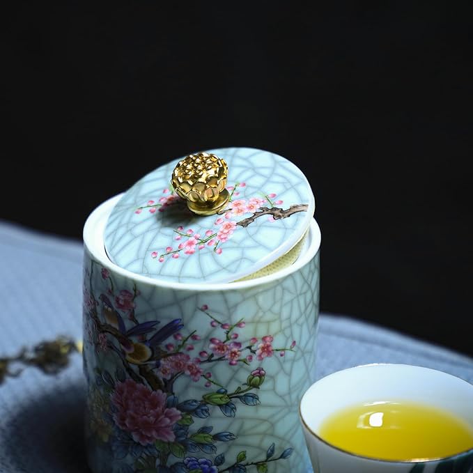 Enamel Ceramic Tea Caddy Tea Canister Tea Storage Container Tins Jar with Airtight Lid Water-proof Tank for Tea, Coffee, Herb, Sugar, Spice, Nuts