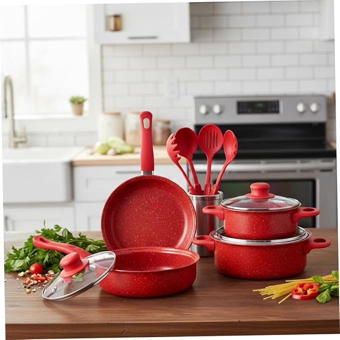 Nonstick Cookware Set, 13-piece Nonstick Cookware Set, Non Stick Pots and Pans with Frying Pan, Saucepans, Milk Pot & Utensils for Home Cooking, Red