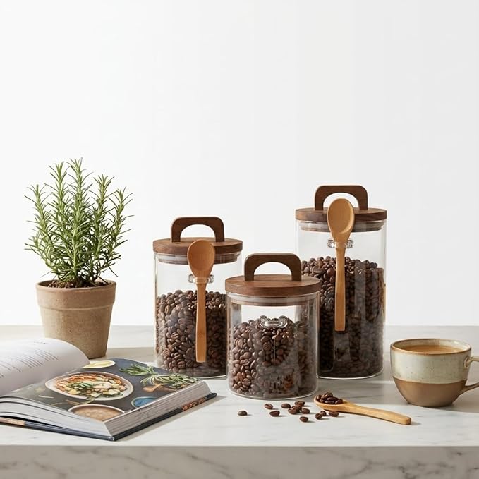 Glass Food Storage Canisters with Airtight Bamboo Lids – Set of 3 Clear 34oz Jars with Wooden Spoons, Stackable Kitchen Storage Containers for Coffee, Tea, Sugar, Flour, and Pantry Organization