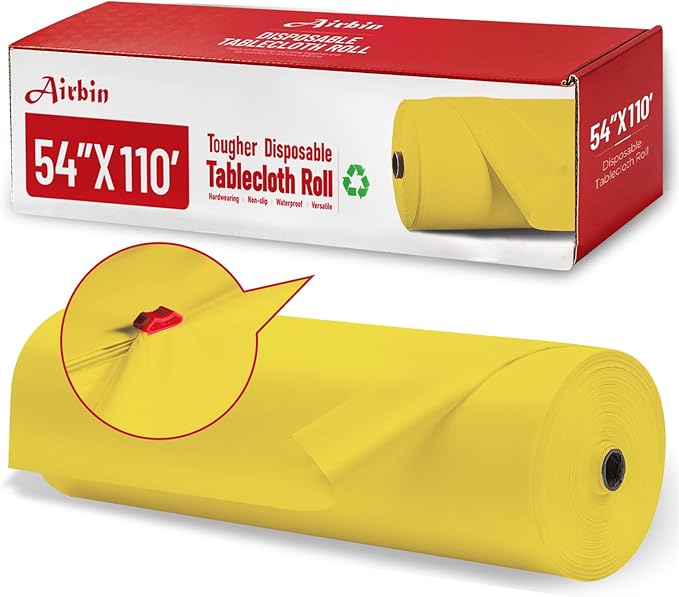 Plastic Table Cloth, 110 Ft X 54 In Plastic Table Cloth Disposable Yellow Table Cloths with Any Cut Sliding Cutters Premium PEVA Disposable Tablecloth for Picnics, Parties, Birthdays, Festivals