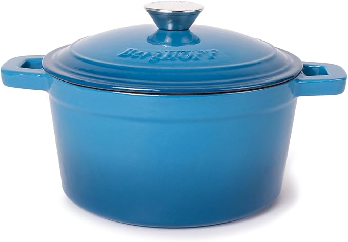BergHOFF Neo 4Pc Enameled Cast Iron Cookware Set, Grill Pan 11 inches, Fry Pan 10 inches, 3qt. Dutch Oven, Matching Lid, Fast, Evenly Heat, Oven Safe (Blue)