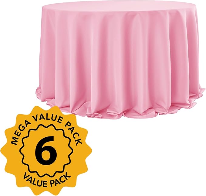 6-Pack Pink Round Tablecloths, 132 Inches, Stain-Resistant Polyester for 6-8 Ft Round Tables - Washable Table Covers for Weddings, Banquets, Birthday Parties, Events