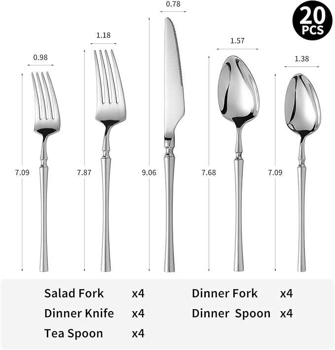Lazycorner 20 Pcs Silverware Set, 18/10 Stainless Steel Flatware Set with Forks and Spoons, Mirror Finish Cutlery Set for Restaurant Hotel Party, Dishwasher Safe
