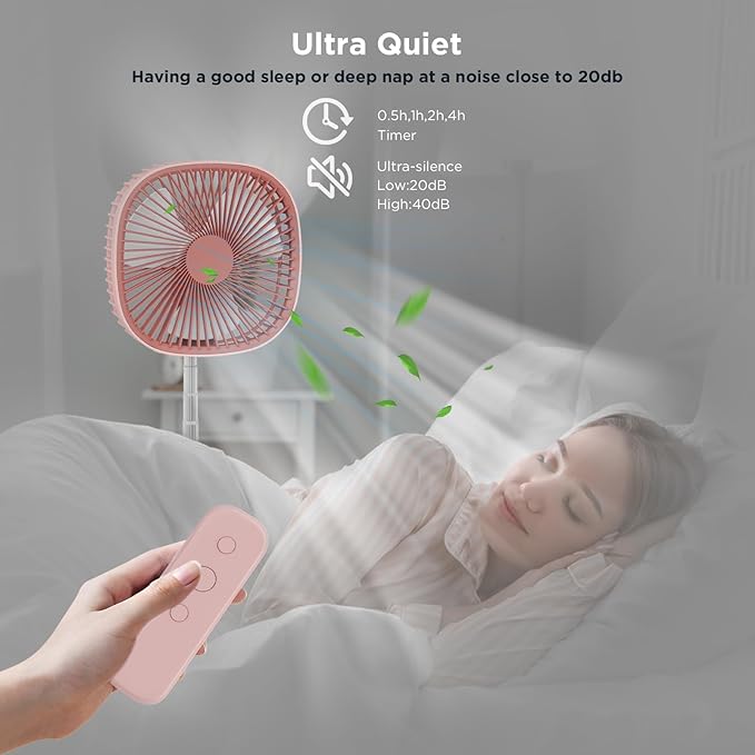Magesh Portable Oscillating Pedestal Fan＆Remote, 120° Rotation, 3-In-1 Foldaway/Standing/Desk Fan, Anti-Slip 7200Mah Rechargeable, Telescopic 4 Speed Quiet Timer Fan Home Outdoor Travel (Pink)