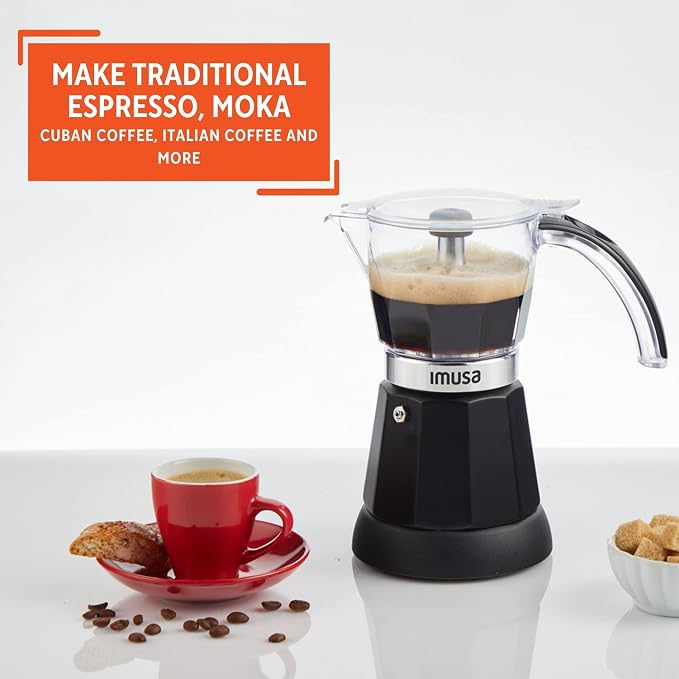 IMUSA 6 or 3 Cup Electric Espresso Maker with Cool-touch Handle, Black | Bare Cast Aluminum Finish, Detachable Cool-Touch Base, Ideal for Cuban Coffee, Perfect for Entertaining