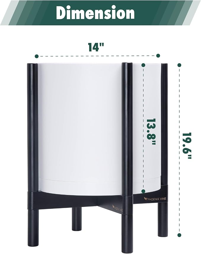 D'vine Dev Plastic Pot with Ebony Wood Stand, White, 14 in, 55-C-T-1 | Mid-Century Inspired Design, Elevated Plant Display, Clean Lines, Sturdy Support, Modern Space-Saving Style
