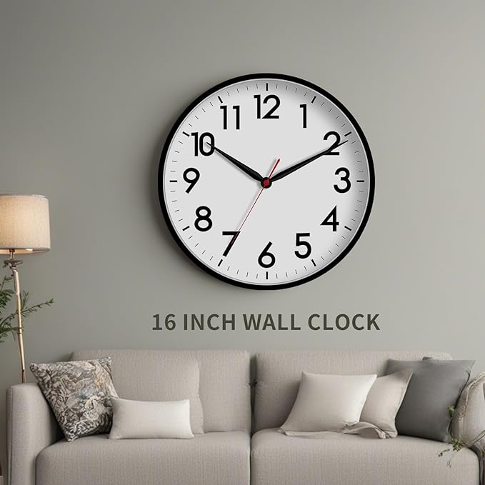 AKCISOT 16 Inch Wall Clock, Battery Operated Analog Clock, Silent Non-Ticking, Ideal for Bedroom, Bathroom, Kitchen, Office and School, Black