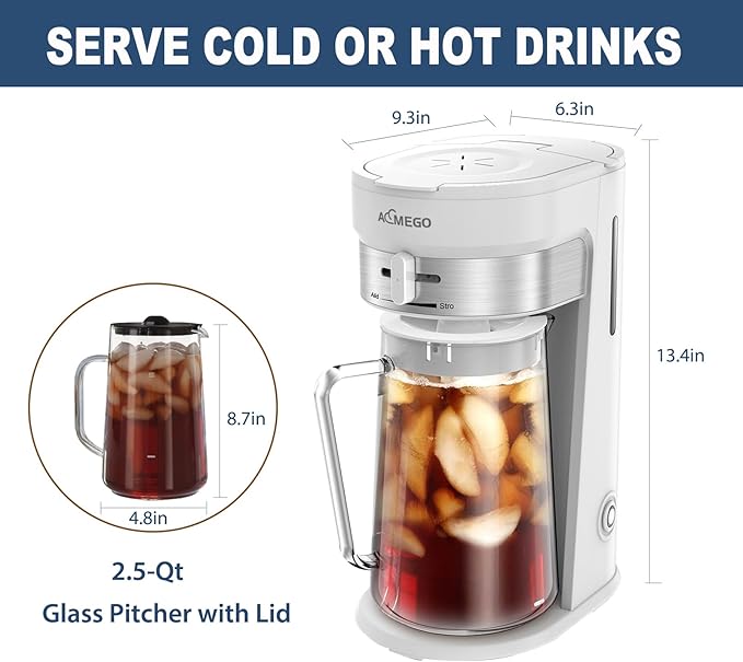 AEMEGO Iced Tea Coffee Maker, Brewing System with 2.5-quart Glass Pitcher, sliding strength selector, Stainless Steel Decoration, Reusable Filter（white）