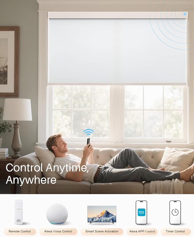 Smart Roller Shades for Windows, Alexa Blackout Motorized Blinds with Remote Control, Easy Install Automatic Electric Blinds for Indoor (38" W x 72" H, White)