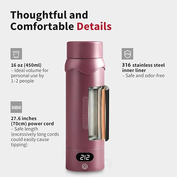 Insulated Stainless Steel Travel Electric Kettle Small, Smart Water Bottle with 4 temperature control, Leak-Proof, Mini Travel Essentials Portable Office Gifts for Tea Lovers, Black Cherry