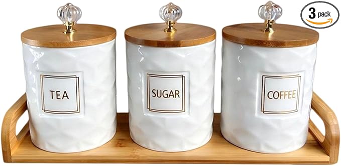 Airtight Ceramic Canisters Set of 3 with Wooden Tray - Kitchen Counter Storage Containers for Sugar, Coffee, Tea - Food Storage Jars with Wood Lids for Pantry, Coffee Bar & Home Organization