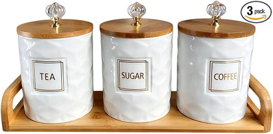 Airtight Ceramic Canisters Set of 3 with Wooden Tray - Kitchen Counter Storage Containers for Sugar, Coffee, Tea - Food Storage Jars with Wood Lids for Pantry, Coffee Bar & Home Organization