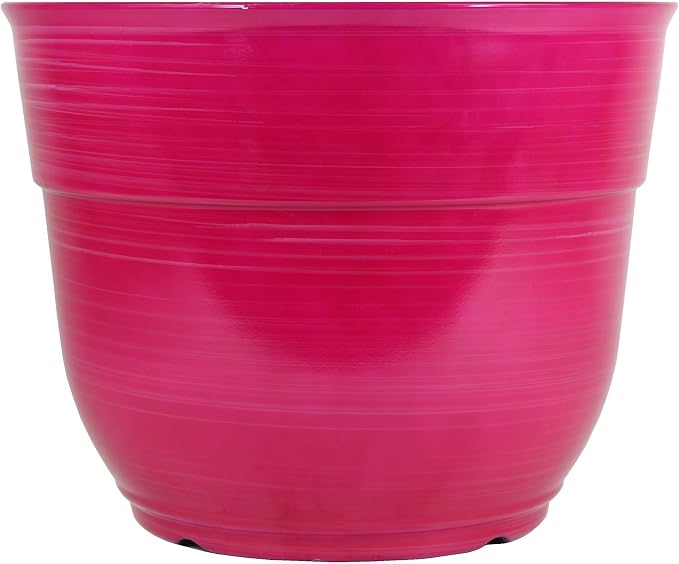 Garden Elements Indoor/Outdoor Glazed Brushed Happy Plastic Planter, Large, Bright Pink, 15"