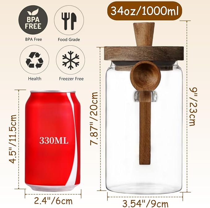 ANSQU 2 Pack Glass Jars with Wooden Lids & Spoons, 34oz Food Storage Containers Coffee Jar Coffee Grounds Container, Food Storage Canister