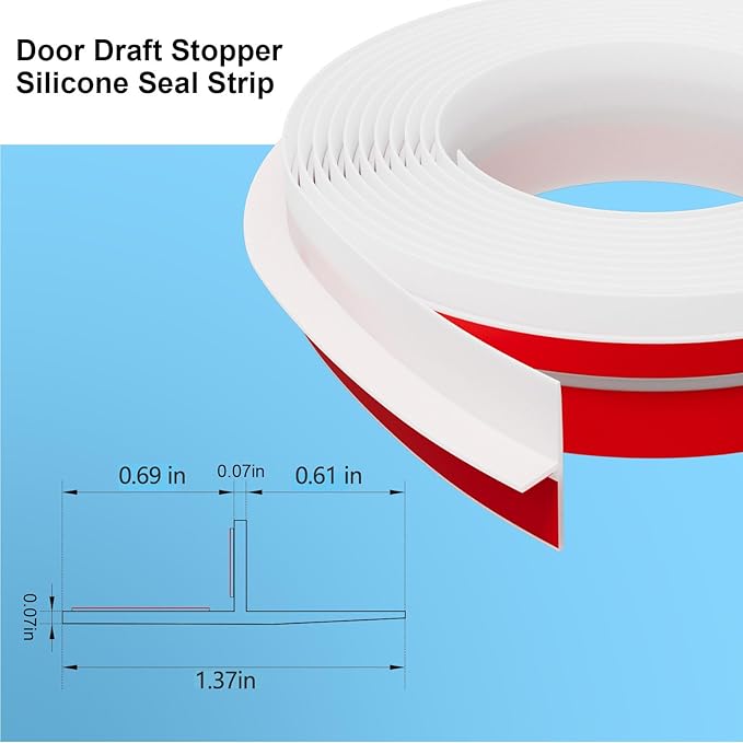 Elvone T-Shaped Door Draft Stopper, 1.37 in x 20 Ft Silicone Seal Strip for Windows Gaps, Weather Stripping Seal Strip Shower Sweep, White