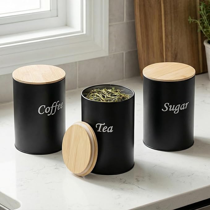 QWORK Metal Kitchen Canisters with Bamboo Lids, 3 Pack Airtight Food Storage Jars for Coffee Sugar Tea Flour Black Rustic Farmhouse Counter Decor, 3.74" x5.6"