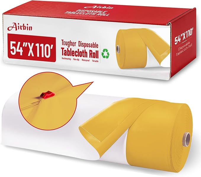 Plastic Table Cloth, 110 Ft X 54 In Disposable Tablecloth White Gold Tablecloth PEVA Premium Plastic Table Cloth Disposable with Any Cut Sliding Cutters for Picnics, Parties, Birthdays, Weddings