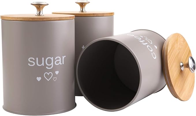 Fasmov Set of 3 Kitchen Canister Set, Coffee, Sugar, and Tea Storage Container Jars with Bamboo Lids for storing Sugar, Coffee and Tea, Gray