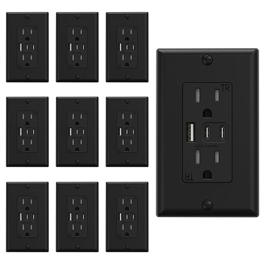 ELEGRP USB Outlets, 15 Amp Wall Outlet with 3 USB Ports, Dual USB C Ports Outlets, TR Tamper-Resistant USB Outlets Receptacles, Wall Plate Included, UL/CUL Listed, 10 Pack, Black
