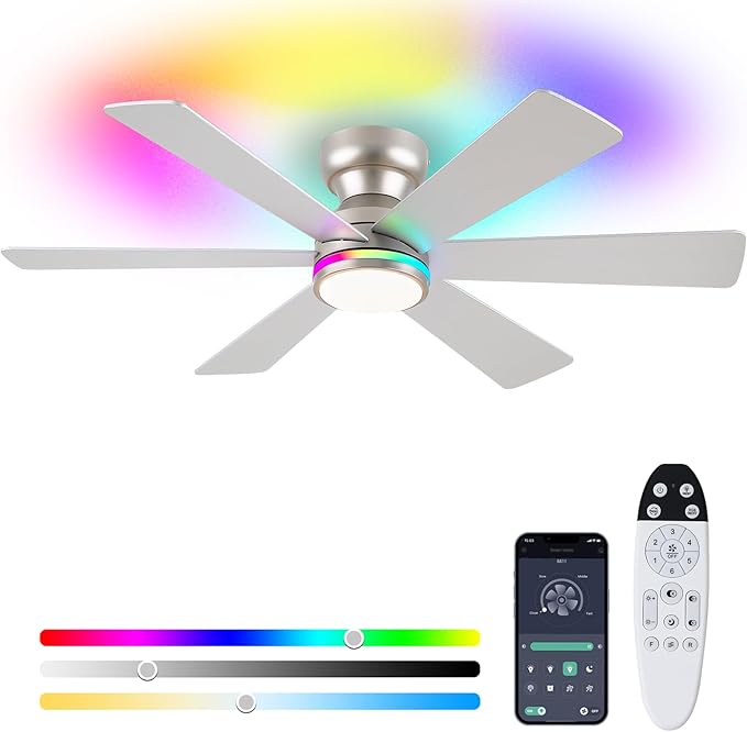 Asyko Silver RGB Ceiling Fan with Light and Remote/APP Control - 46" Flush Mount Low Profile Fan Light, 6 Speeds 3CCT and Reversible, Indoor Ceiling Fan for Bedroom, Party