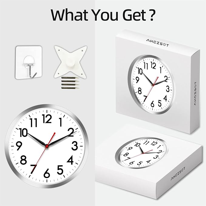 AKCISOT 12 Inch Wall Clock, Battery Operated Analog Clock, Silent Non-Ticking, Ideal for Bedroom, Bathroom, Kitchen, Office and School, Silver