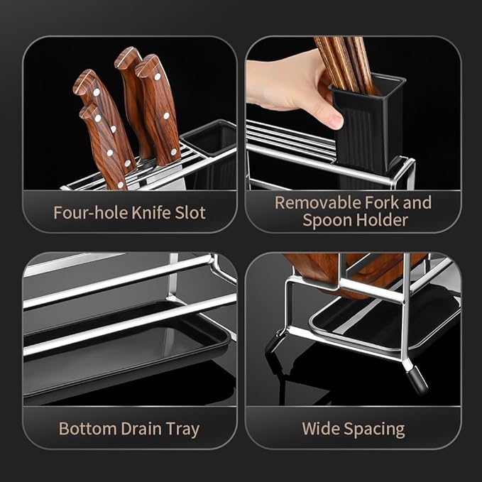 Multifunctional Cutting Board Organizer, Pot Lid Organizer, 18/8 Stainless Steel Kitchen Storage Rack for Lids, Boards, Knife, Spoon and Shovel, Knife Block Holder with Drain Tray