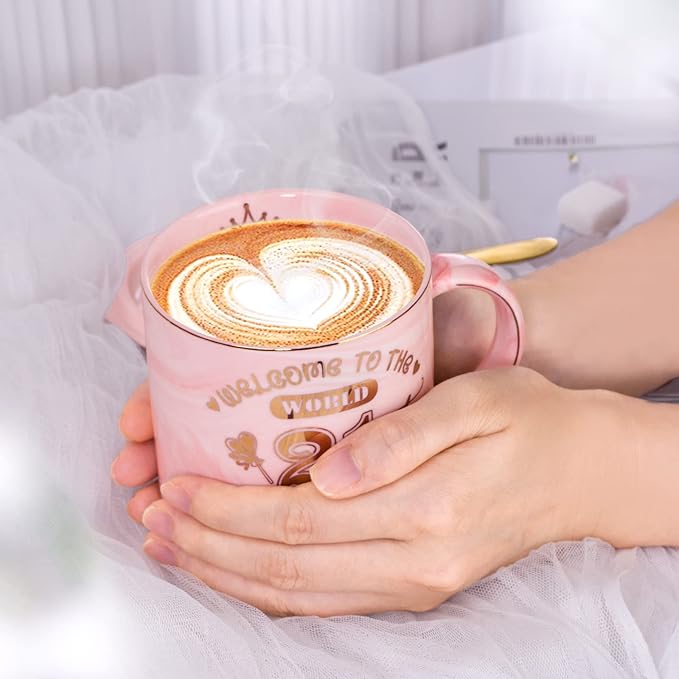 Happy 21st Birthday Gifts for Her - 14oz Pink Marble Coffee Mug with Gold Print, Funny 21 Bday Gift Idea Presents for 21 Year Old Women, Daughters, Girls, Female Friends, with Greeting Card, Gift Box