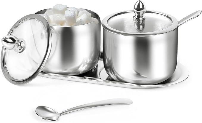 holoith 2 Pack Coffee and Sugar Dispenser with Tray - 10 oz Sugar Bowl with Glass Lid and Spoon for Coffee Bar Accessories Kitchen Storage for Salt,Coffees Bean,Brown Sugar Cubes (Silver)
