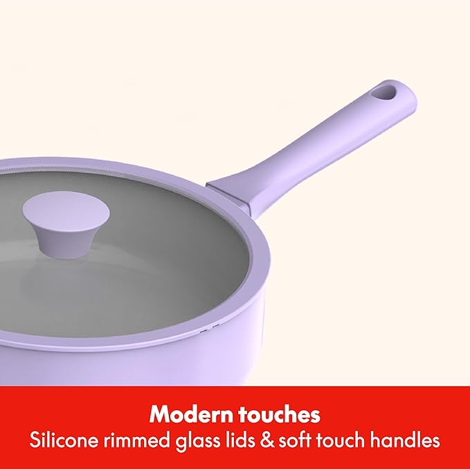 So Yummy by bella 12 Piece Cookware Set w EverGood™ Ceramic Nonstick Coating and Silicone & Wood Utensils, Dishwasher Safe Silicone & Glass Lids, Oven Safe & All Stovetop Compatible, Lavender