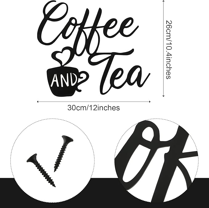 Ferraycle Coffee Bar Decor, 12 x 10.2 Inch Sign for Wall Metal Rustic Hanging Wall Art Vintage Black Cup Letter Sign for Cafe Home Office Kitchen(Coffee and Tea)