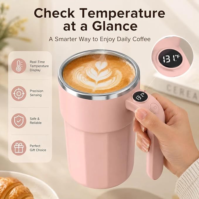 Self Stirring Coffee Mug, 12oz Rechargeable Magnetic Mixing Cup with Temperature Display, 316 Stainless Steel Electric Stirring Cup with Lid & Handle for Coffee, Cocoa, Matcha, Creamer, Mushroom Coffe