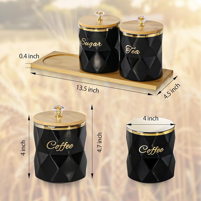 Black Ceramic Storage Canister for Coffee Sugar Tea Containers Set of 3, Coffee Sugar Tea Canisters Set with Bamboo Lids and Tray, Airtight Food Storage Jars for Kitchen Pantry