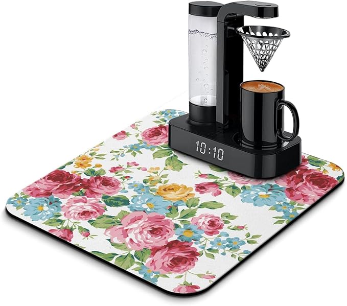 Coffee Bar Mat Accessories for Countertop Absorbent Hide Stain Rubber Backed Dish Drying Mats for Kitchen Counter Draining Pad Decor Gift (18x16in)