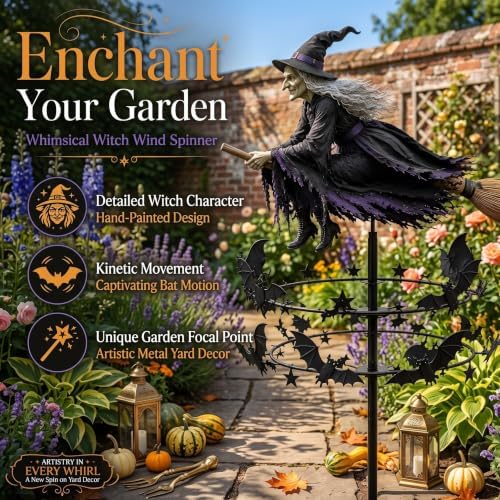 Enchanted Witch Garden Wind Spinner, Outdoor Metal Halloween Garden Art Yard Stake Windmill Style, Halloween Witch Yard Decorations, Ground Stake Included Outdoor Lawn Decor
