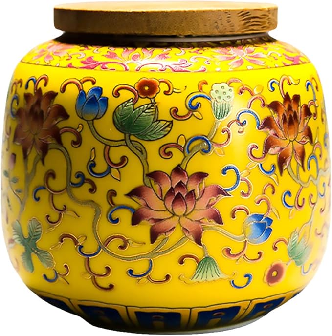 Cabilock Ceramic Tea Canister with Airtight Wood Lid Vintage Chinese Style Tea Storage Jars Traditional Tea Tins Cans Tea 230ML for Kitchen Spice Tea Coffee Condiment Yellow