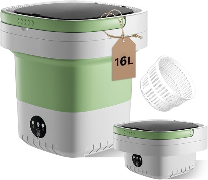 Portable Washing Machine, 16L Mini Foldable Washer with Spin Basket, 3 Cleaning Modes & Deep Cleaning Small Compact Laundry Machine of Small Clothes for Apartments, Dormitories, Home, RV, Travel Green