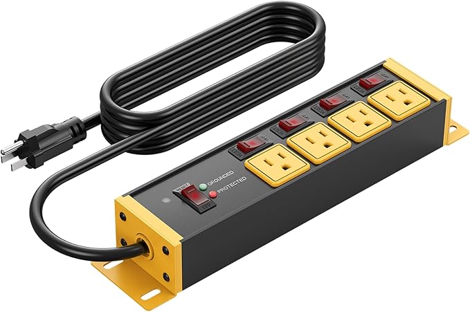 CCCEI Heavy Duty Surge Protector Power Strip 20 Amp Individual Switches. 6FT 12 Gauge Extension Cord with Multiple Outlets. Kitchen, Garage, Shop, Industrial Wall Mount Electric Extender, Yellow.
