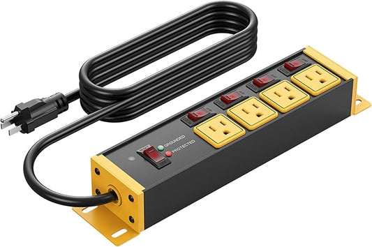 CCCEI Heavy Duty Surge Protector Power Strip 20 Amp Individual Switches. 25FT 12 Gauge Extension Cord with Multiple Outlets. Kitchen, Garage, Shop, Industrial Wall Mount Electric Extender, Yellow.