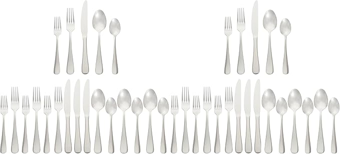 Amazon Basics Silverware Set, Stainless Steel Flatware, Dishwasher Safe, Service for 4, 20-Piece Forks and Spoons, Round Edge, Everyday Use (Pack of 2)