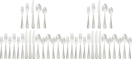 Amazon Basics Silverware Set, Stainless Steel Flatware, Dishwasher Safe, Service for 4, 20-Piece Forks and Spoons, Round Edge, Everyday Use (Pack of 2)