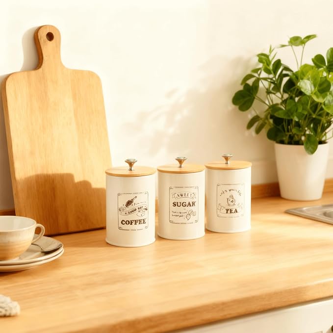 Youeon Metal Canisters Sets for the Kitchen, 40 Oz Coffee Sugar Tea Container Set, Farmhouse Style, Food Storage Containers with Lids for Countertop, Cabinet, Coffee Bar Decor, Beige
