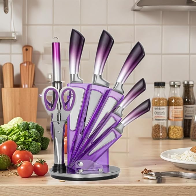 Kitchen Knife Set, 9 Pieces Purple Cleaver Knives Set with Rotatable Block, Non Stick Sharp Stainless Steel Chef Knife Set with Sharpener for Kitchen, Cooking Tools for Chefs Home Cooks (Purple)
