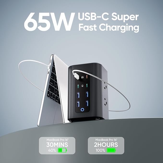 TenTrend Power Strip Tower, 230W Total Fast Charging Station for Multiple Devices, 5FT Extension Cord Tower with 6 Outlets 8 USB(4 USB C), 2000J Surge Protector for Home Office, Dorm Essentials