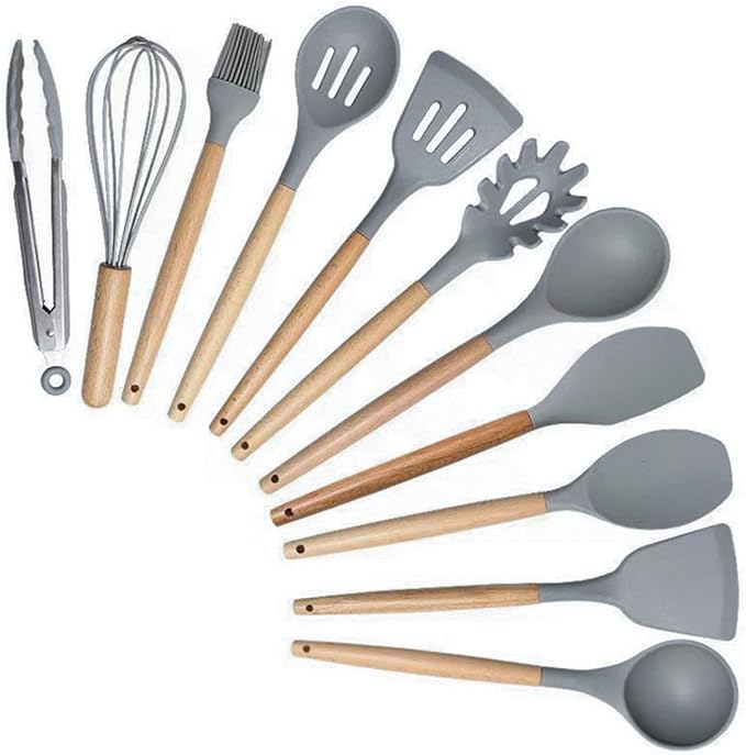 Kitchen Cooking Utensils and Knife Set with Holder Block, 19 Pieces Cooks Cutting Set 11 Pcs Silicone Cooking Utensils Sharp Stainless Steel Knives Scissors Whisk Tongs and Cutting Board (Grey)