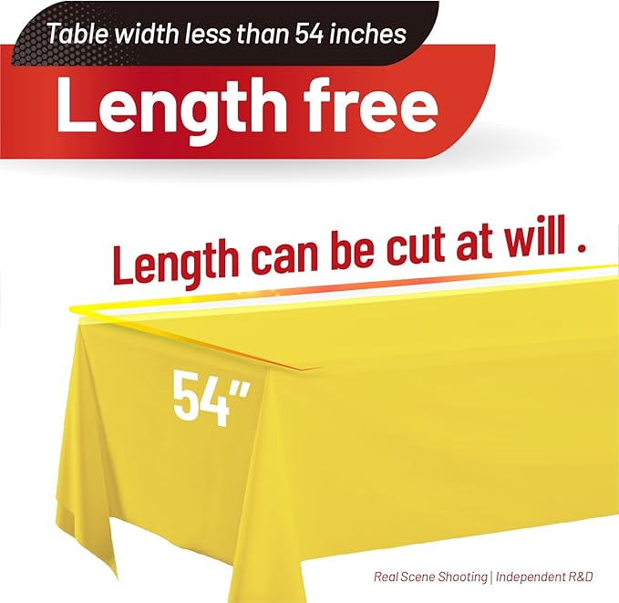 Plastic Table Cloth, 310 Ft X 54 In Plastic Table Cloth Disposable Yellow Table Cloths with Any Cut Sliding Cutters Premium PEVA Disposable Tablecloth for Picnics, Parties, Birthdays, Festivals